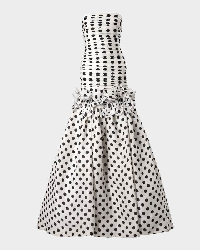 Strapless Polka-Dot Gathered Mermaid Gown With Flowers